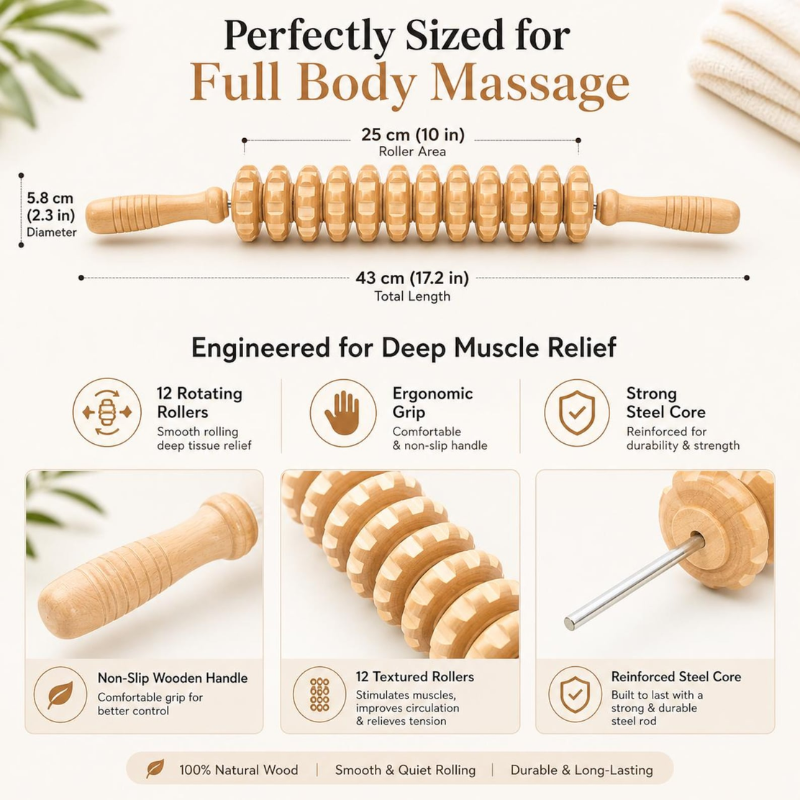 Handcrafted Wooden Massage Roller Stick – Full Body Muscle Massager for Deep Tissue Relief