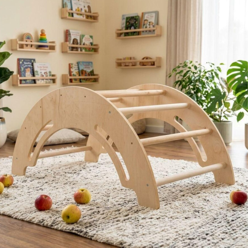 Montessori Wooden Climbing Arch – Waldorf Rocker & Balance Toy for Toddlers